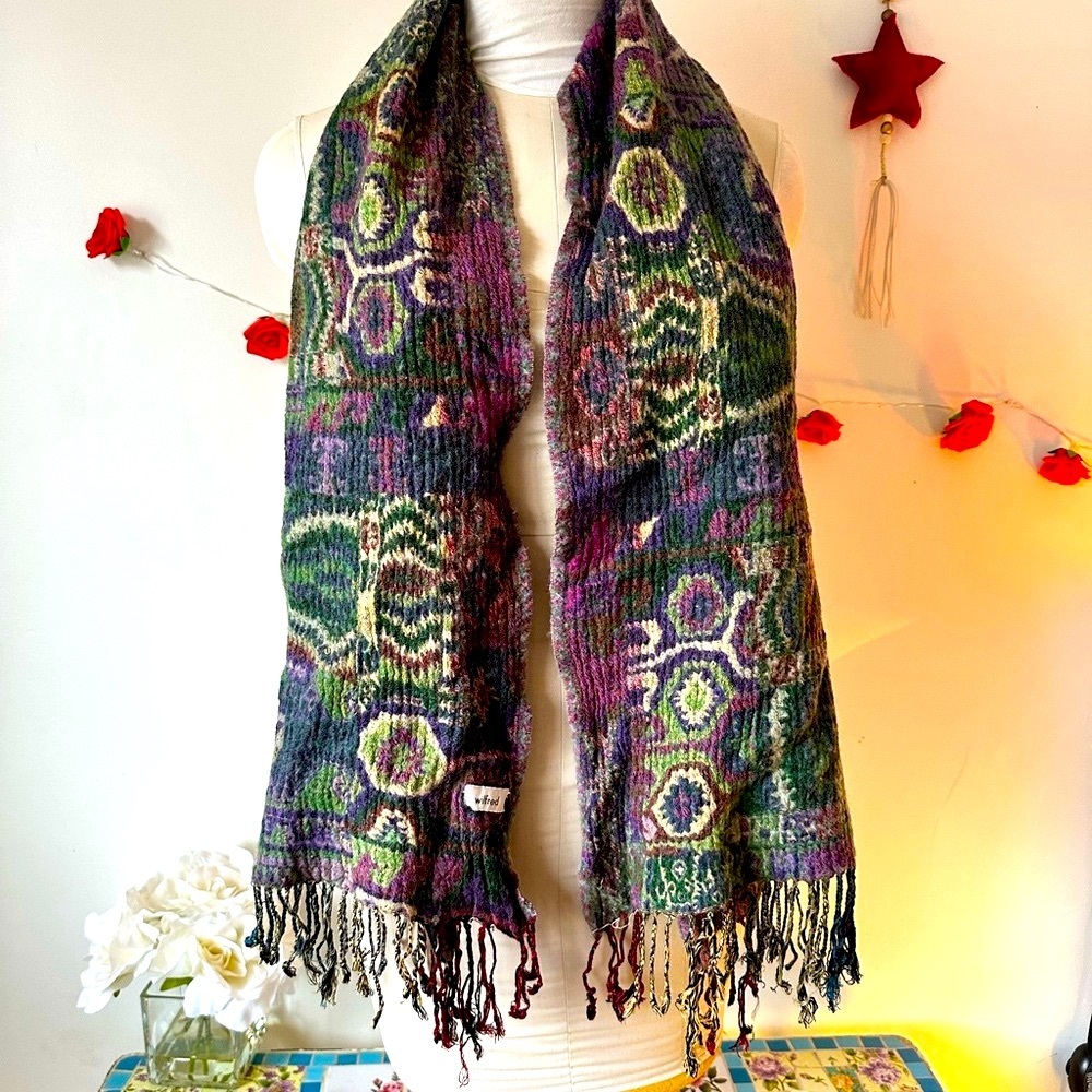 Aritzia Multicolor Patterned Fringe Scarf - Purple, Green, Navy